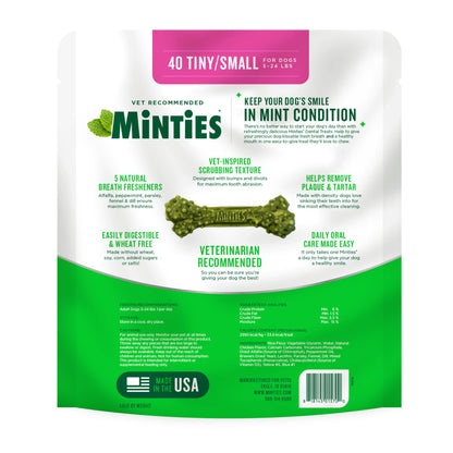 Minties Dental Chews for Dogs, 40 Count, Vet-Recommended Mint-Flavored Treats for Tiny/Small Dogs 5-24 lbs, Dental Bones Clean Teeth, Fight Bad Breath, and Removes Plaque and Tartar