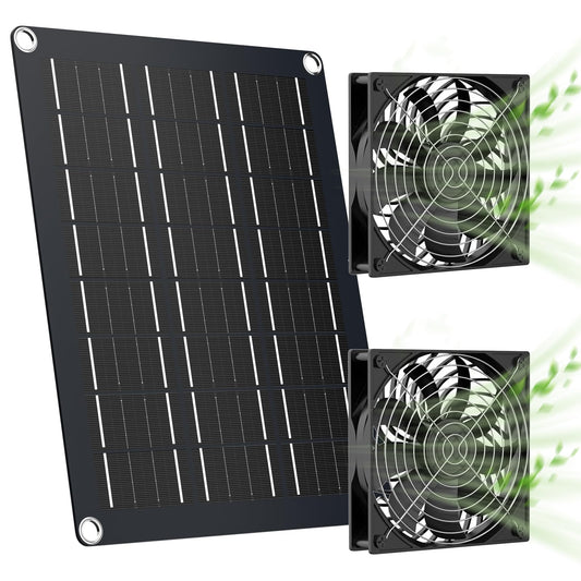 MARBERO 4.7 Inch Solar Powered Fan Kit, 15W Solar Panel with 2 Waterproof Fans, Intake or Exhaust Air Fan wtih 13 Ft Cable for Outside Backyard Chicken Coops, Greenhouses, Dog Houses, Pet Houses