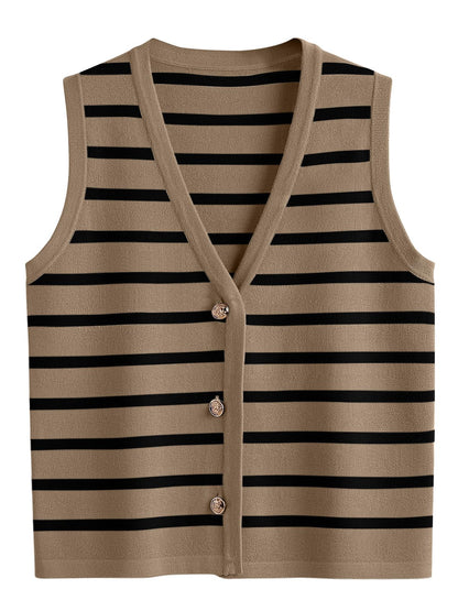 LILLUSORY Vest Tops for Women 2025 Fall Outfits Striped Sweaters Button Up Casual Shirts Blouses Jacket Fashion Clothes KhakiBlack L