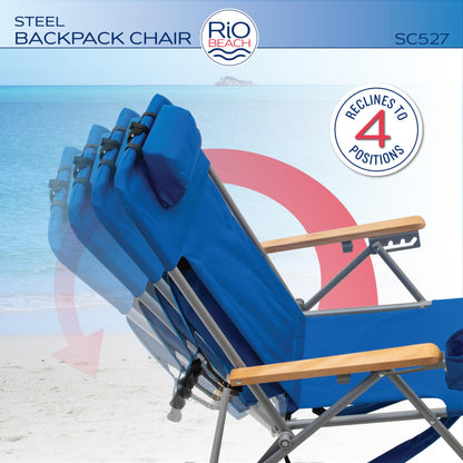 Rio Beach Original 4-Position Steel Backpack Chair with Pillow, Hands-Free Beach Chair Backpack for Adults, Navy