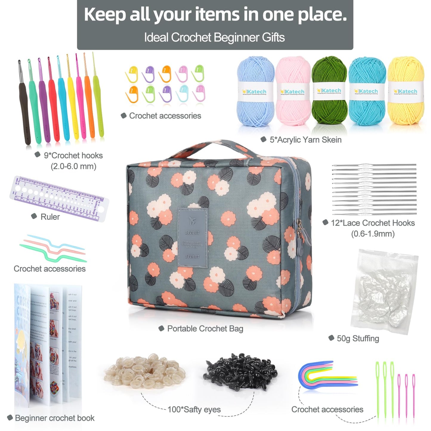 Katech Beginner Yarn for Crocheting and Knitting-Crochet Yarn Kit for Beginners-Includes 382 Yards Cotton Yarn Balls, Hooks, Accessories, Tutorials, Ideal Starter Kit for Kids Adults Professionals