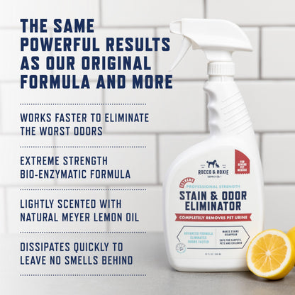 Rocco & Roxie Extreme Stain & Odor Eliminator for Strong Odor, Pet Urine Enzyme Cleaner Destroyer, Stain Remover for Dog Poop and Cat Pee, Enzymatic Carpet Cleaner Spray For Home, Puppy Potty Training