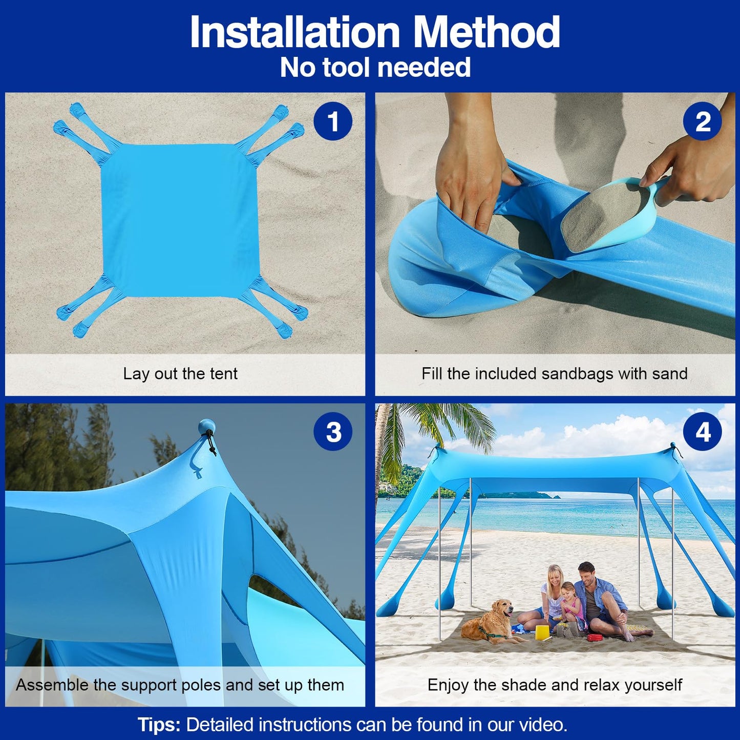 Rhino Valley Beach Tent, 10 x 10 FT Beach Shade UPF50+ Protection, Beach Canopy with 8 Sandbags 4 Stability Poles, Outdoor Beach Tent Sun Shelter Umbrella for Sand,Camping,Fishing Essentials, Sky Blue