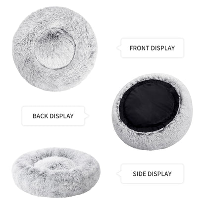 Love's cabin Calming Cat Bed for Indoor Cats, Anti-Anxiety Donut Round Dog Bed, Fluffy Faux Fur Washable Pet Bed for Small Medium Dogs and Cats,Grey,20in