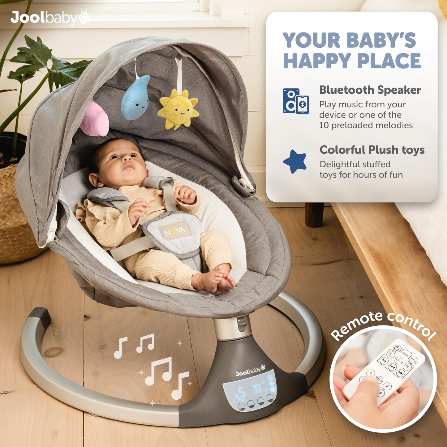 Jool Baby Nova Swing for Newborns - Electric Motorized Infant Swing, Bluetooth Music, 10 Preset Melodies, Remote (Updated Model, Gray)