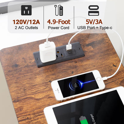 AMHANCIBLE End Tables Living Room with Charging Station, Narrow Side Table with USB Ports and Outlets, Slim Nightstand with 3 Fabric Drawers for Bedroom, Small Space, Rustic Brown, HETN013BR-1