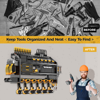 LBT 4 Layer Power Tool Organizer Wall Mount With Charging Station, Patented, 6 Outlet Power Strip, 6 Drill Holder, Heavy Duty Metal Garage Tool Storage Rack, Gifts For Men Fathers Day