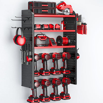 KAFAHOM Power Tool Organizer, Large 8 Drill Holder Wall Mount with 2 Side Pegboards,5 Layer Heavy Duty Metal Tool Storage Rack, Tool Shelf for Garage Organization, Utility Battery Shelves - Red