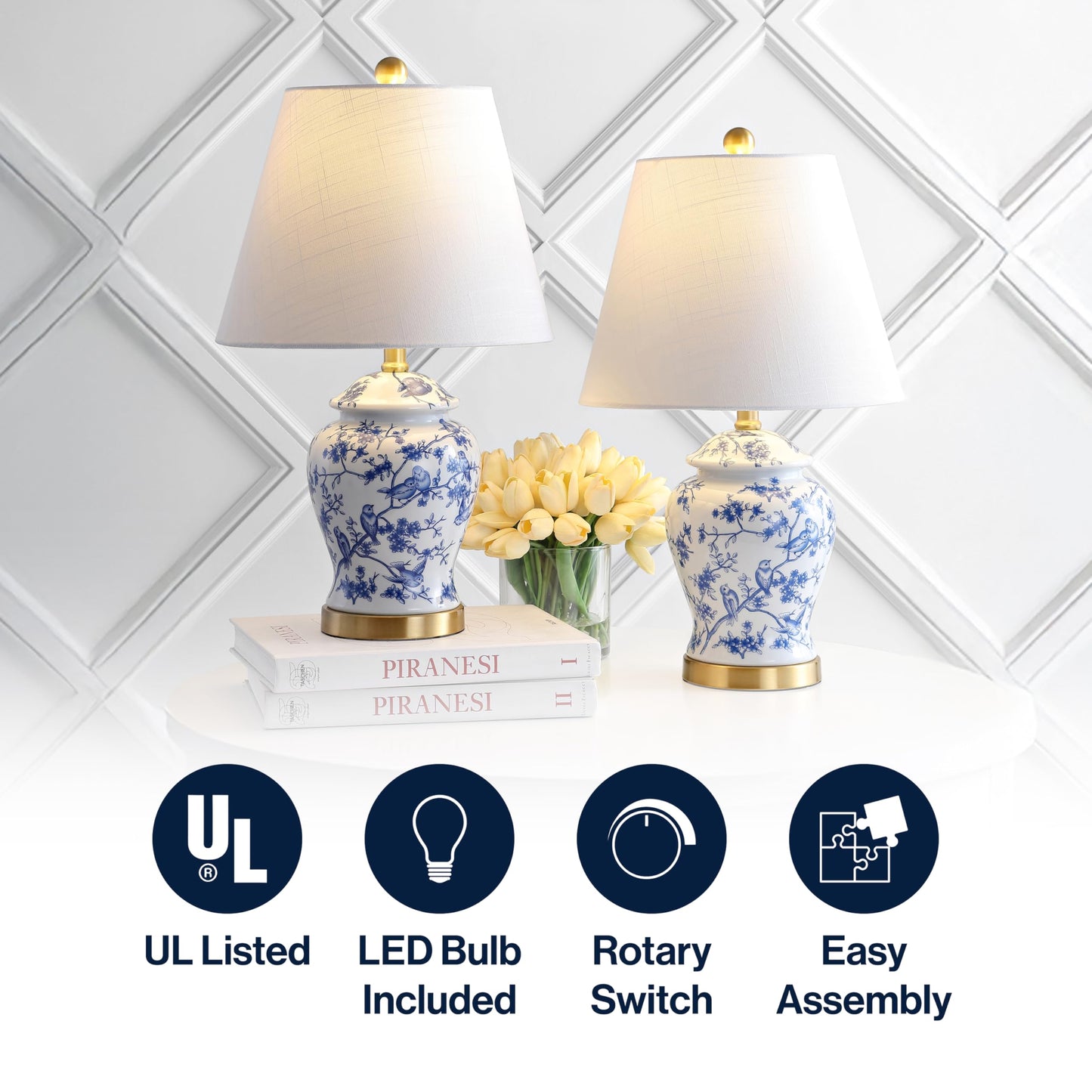 JONATHAN Y JYL3005A-SET2 Set of 2 Table Lamps Penelope 22" Chinoiserie Classic,Cottage,Traditional,for Bedroom, Living Room, Office, College Dorm, Coffee Table, Bookcase, Blue/White