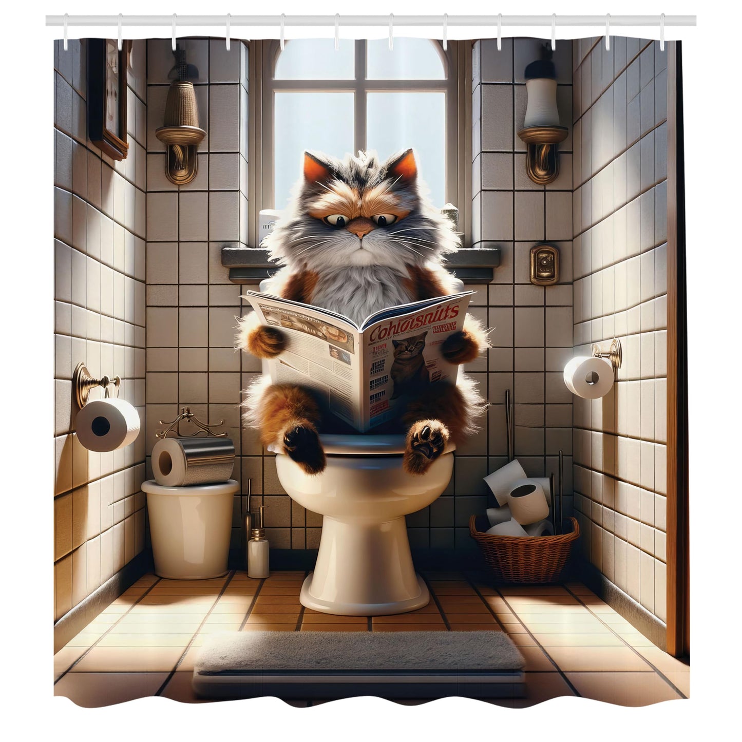 Ambesonne Funny Shower Curtain, Humorous Scene with a Cat Sitting on a Toilet and Reading Paper Print, Cloth Fabric Bathroom Decor Set with Hooks, 69" W x 70" L, Pale Cinnamon and Coconut