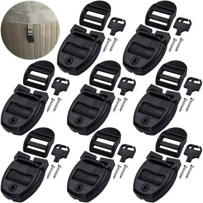 OIIKI 8 Sets Spa Hot Tub Cover Clips, Hot Tub Cover Broken Latch Repair Kit- Replacement 8 Latches Clip Locks, 8 Slides, 8 Keys with 16 Screws, Hardware Accessories for Spa Cover Straps (Black)