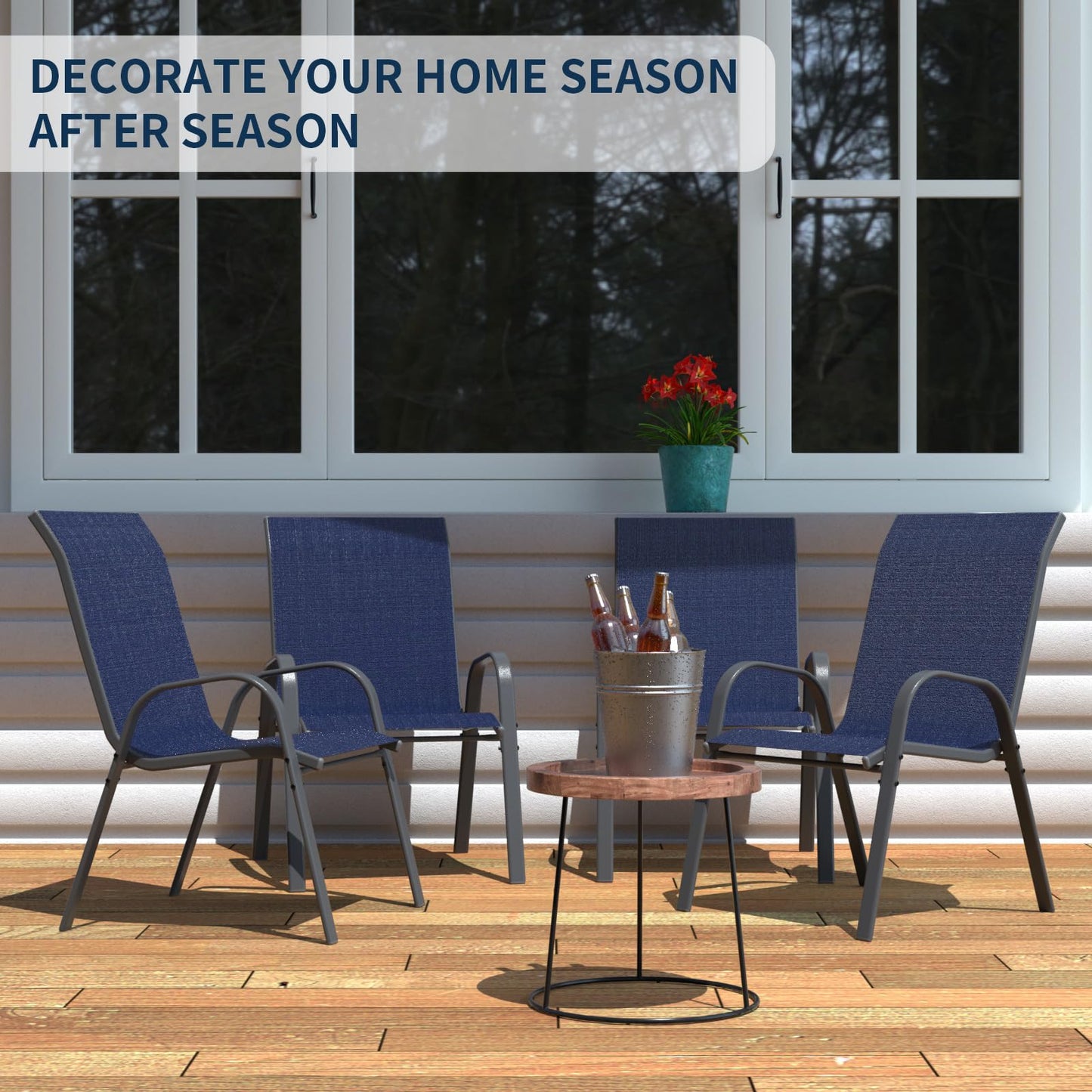 Amopatio Patio Chairs Set of 4, Outdoor Stackable Dining Chairs for All Weather, Comfortable Breathable Garden Outdoor Furniture for Backyard Deck, Blue