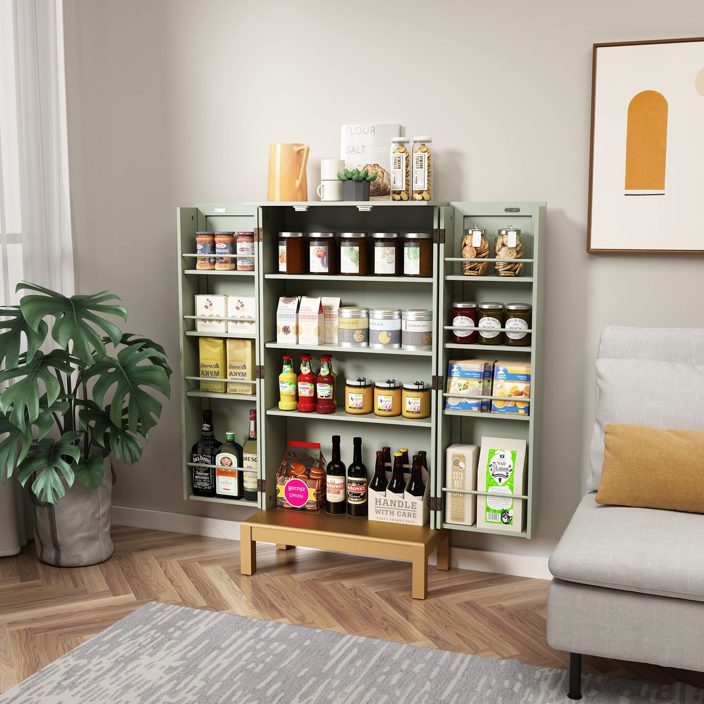 HOLTICO 45'' Kitchen Food Pantry Storage Cabinet with Doors and Adjustable Shelves for Kitchen,Dining Room,Living Room and Garage,Gold Lines and Legs,Green.