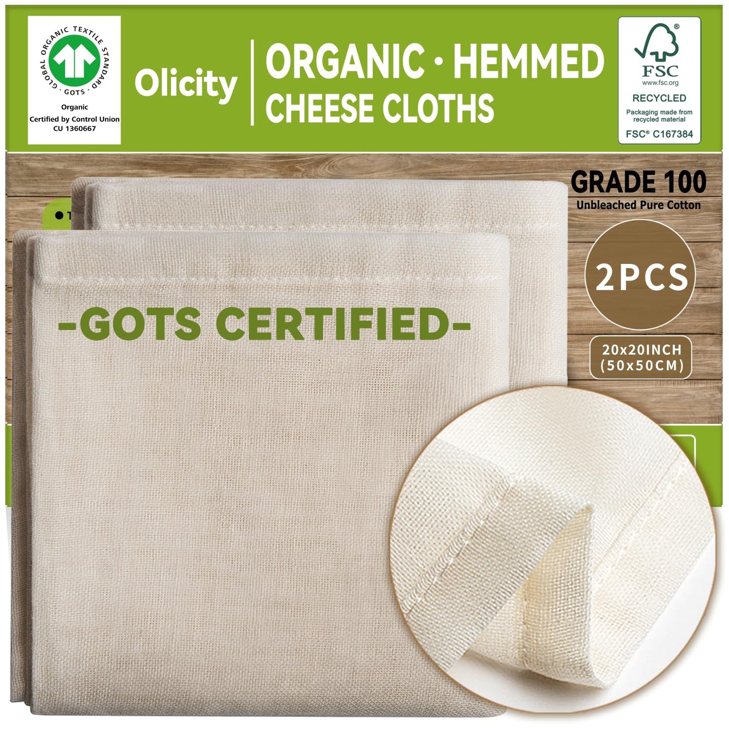 Organic Cheese Cloths, GOTS Certified, 2PCS, Grade 100, 20x20Inch Hemmed Cheese Cloth Reusable Muslin Cheesecloth for Straining, 100% Cotton Unbleached Fine Mesh Cloth Cheese Cloths for Cooking, Herbs