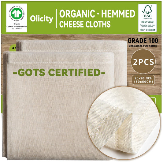 Organic Cheese Cloths, GOTS Certified, 2PCS, Grade 100, 20x20Inch Hemmed Cheese Cloth Reusable Muslin Cheesecloth for Straining, 100% Cotton Unbleached Fine Mesh Cloth Cheese Cloths for Cooking, Herbs