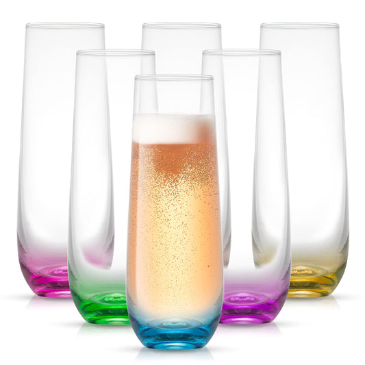 JoyJolt Hue Stemless Champagne Flutes Set of 6 Colored Glasses, 9.5oz Cocktail Glass Set for Mimosa, Stemless Champagne Glasses, Prosecco Wine Flute, Bar Glassware