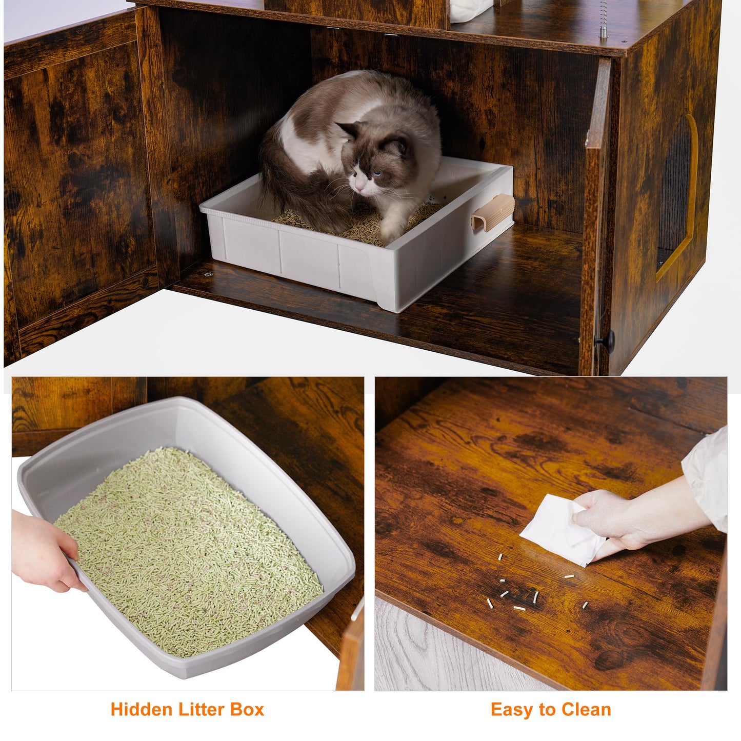 Heybly Cat Tree with Litter Box Enclosure for Indoor Big Cat, Cat Tower for Large Cats 20lbs Heavy Duty, Modern Cat Condo Furniture with Scratching Posts, Rustic Brown HCT110SR