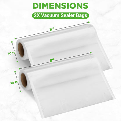 NutriChef Vacuum Sealer Bags - Universal Rolls for Custom Length Food Storage, Compatible with Most Sealers, Multi-Layered Design, Reusable, Microwave, Freezer & Sous Vide Safe, 2 Pack, 8”x10’ Each