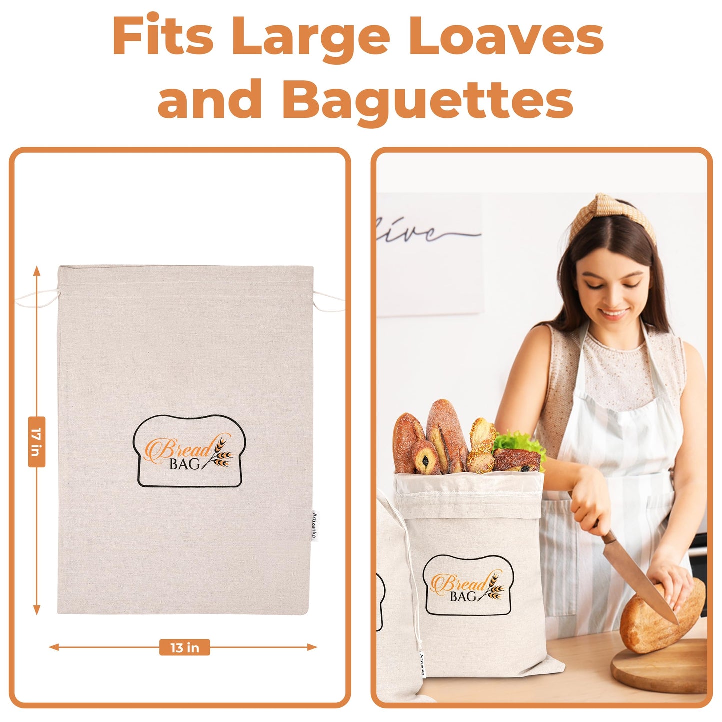A ARTIZANKA 2 Bread Bags for Homemade and Sourdough Bread, Reusable Cotton Cloth Bags with Plastic Liner and Drawstring, Reusable Food Storage, (2 pack) - 17" x 13" XL