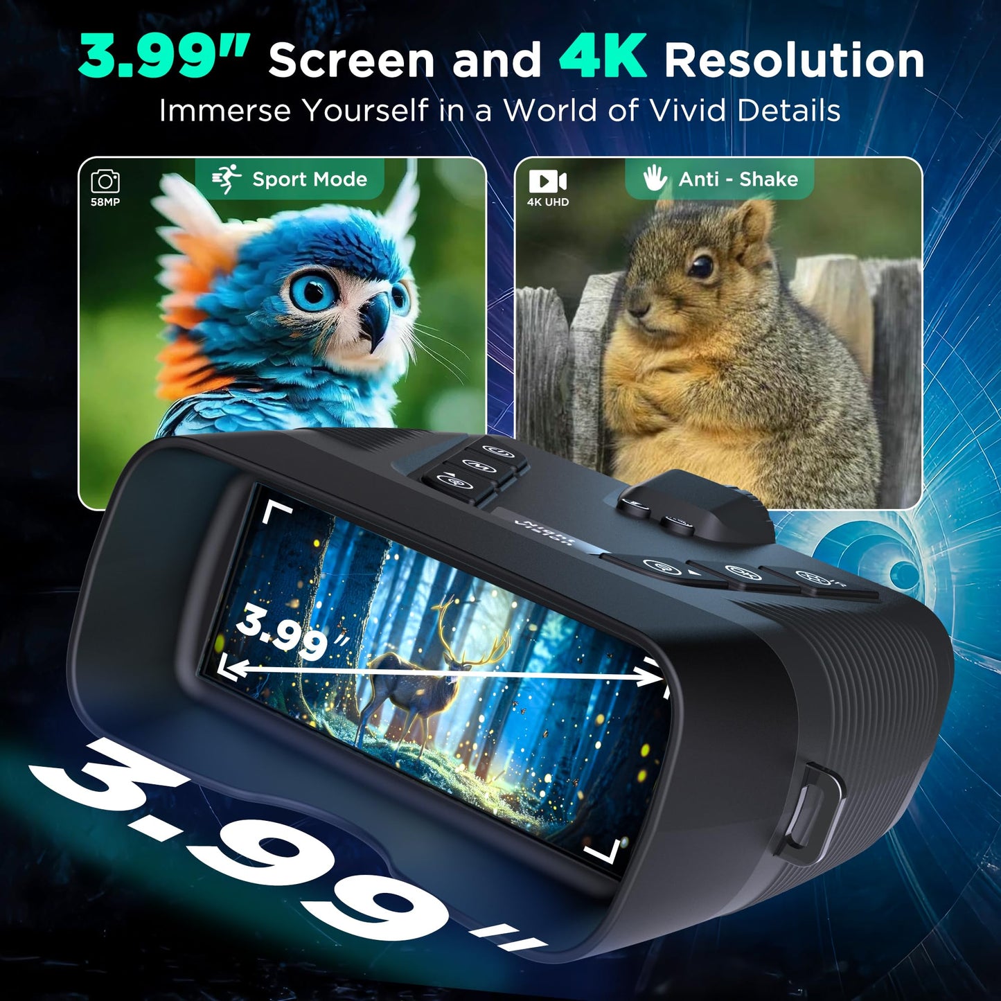 Night Vision Goggles, 58MP Full-Color 4K Night Vision Binoculars with 10000mAh Fast Charging Battery, 64GB Card, 3.99" Screen and 1968FT Viewing Range for Camping Hunting & Security(Black)