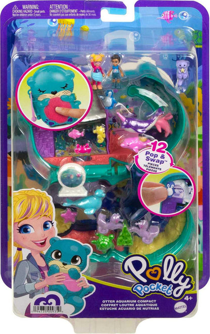 Polly Pocket Otter Aquarium Compact, Aquarium Theme with Micro Polly & Nicolas Dolls, 5 Reveals & 12 Accessories, Pop & Swap Feature, Great Gift for Ages 4 Years Old & Up