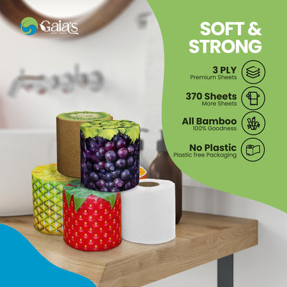 Gaias Premium and Soft Fruit TP Organic Bamboo Toilet Paper | 24 Mega Rolls, 3 Ply, 370 Sheets | FSC Certified, PFAS & BPA Free, Eco-Friendly, Sustainable Tissue - Plastic Free, Septic Safe, Vegan