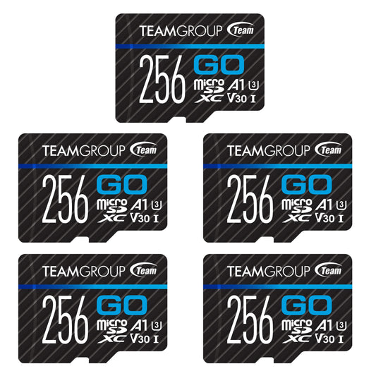 TEAMGROUP GO Card 256GB x 5 Pack Micro SDXC UHS-I U3 V30 4K for GoPro & Drone & Action Cameras High Speed Flash Memory Card for Outdoor Sports, 4K Shooting, Nintendo-Switch TGUSDX256GU368