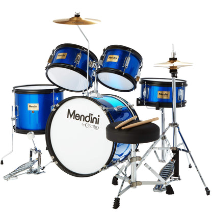 Mendini by Cecilio Kids Drum Set, 5 Piece 16 Inch Junior Drums Kit with Bass, Toms, Snare Drum, Cymbal, Hi-Hat, Drumsticks & Seat for Beginner Student (Metallic Blue)