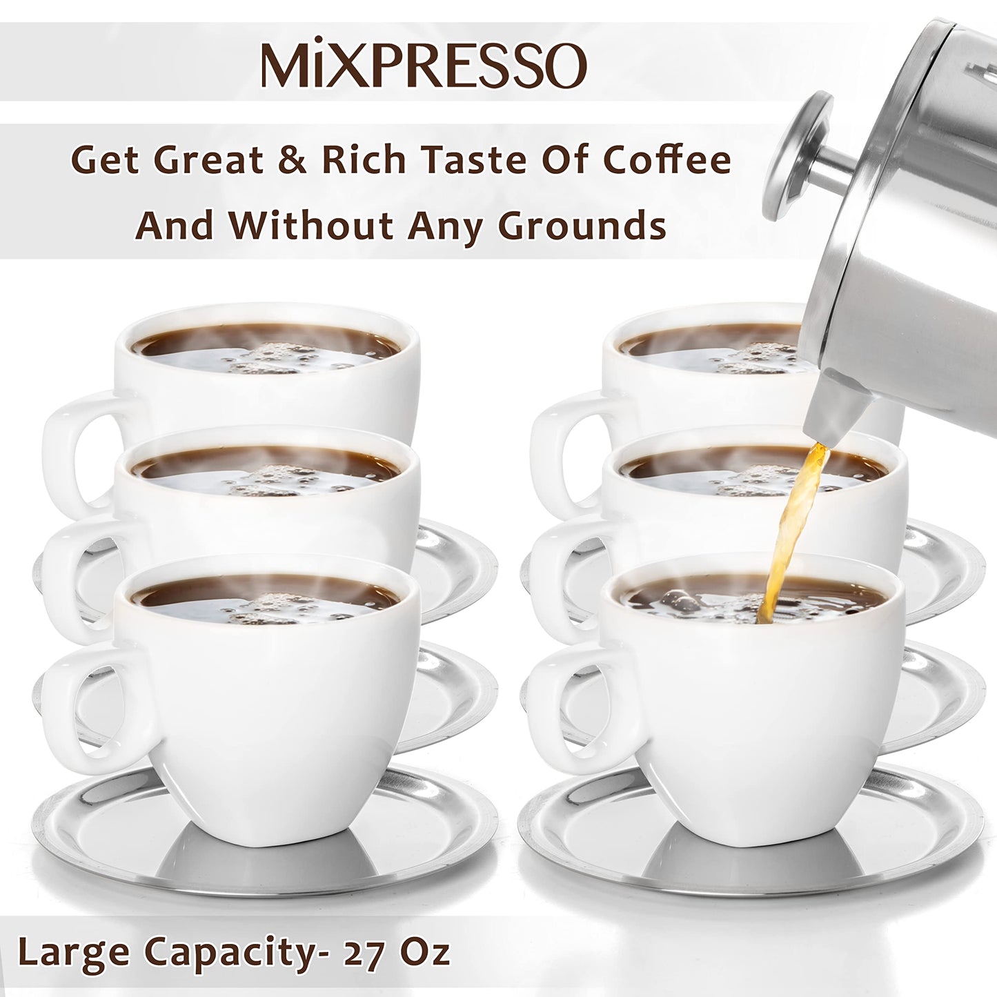 Mixpresso Stainless Steel French Press Coffee Maker 27 Oz 800 ml, Double Wall Insulated French Press Stainless Steel, Easy Clean Tea Brewer, Easy Press Durable Metal Coffee Press