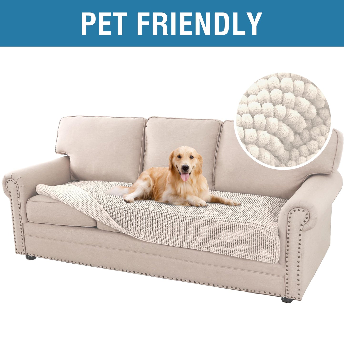 H.VERSAILTEX Plush Chenille Dog Bed Cover Thick Soft Sofa Cover for 3 Cushion Couch Anti Slip Couch Cover Furniture Protector for Dog, Pet, Cat (35" x 74", Ivory)