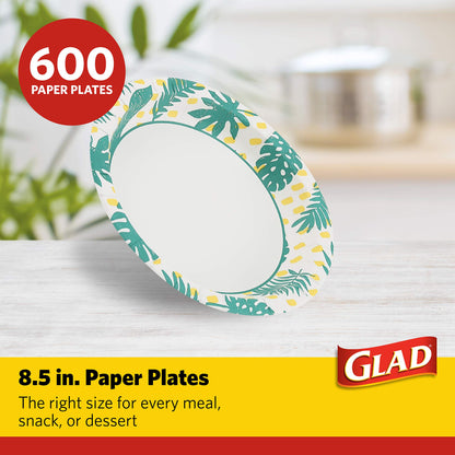 Glad Round Disposable Paper Plates, Palm Leaves Pattern - Strong, Sturdy, Soak Proof, and Microwavable Decorative Plates for Dinner and Everyday Use, 8.5 Inch, 50 Count - 12 Pack