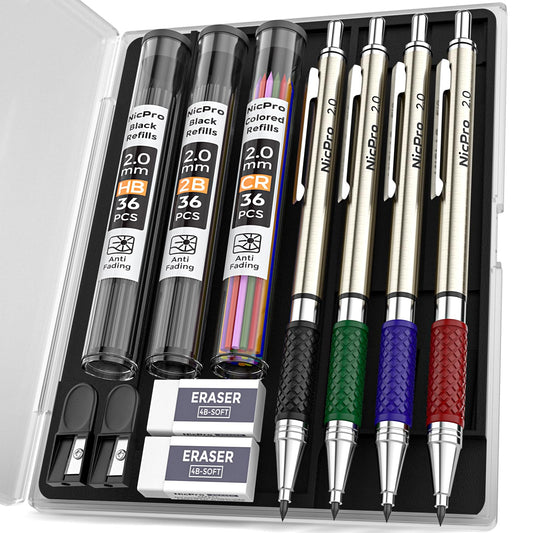 Nicpro 4 PCS Premium 2.0 mm Mechanical Pencils Set, 108 Colored & Black (HB 2B) Lead Refills, Art Metal 2mm Carpenter Pencil with 2 Erasers, 2 Sharpeners for Drafting Sketching Drawing with Case