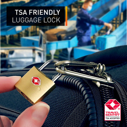 Lewis N. Clark Mini Brass Square TSA Lock + Padlock for Luggage, Suitcase, Carry On, Backpack, Laptop Bag or Purse - Perfect for Airport, Hotel, & Gym, 2 Keys Included - 3 Pack