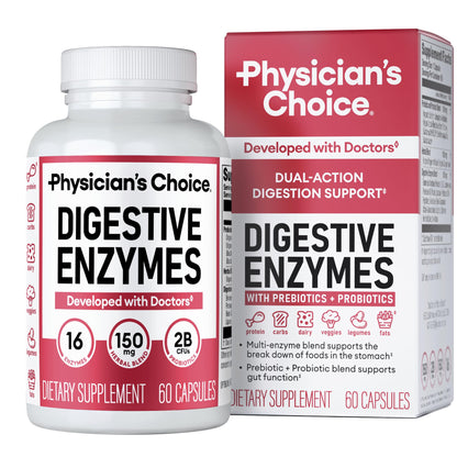 Physician's CHOICE Digestive Enzymes - Multi Enzymes, Organic Prebiotics & Probiotics for Digestive Health & Gut Health - Meal Time Discomfort Relief & Bloating - Dual Action Approach - 60 CT