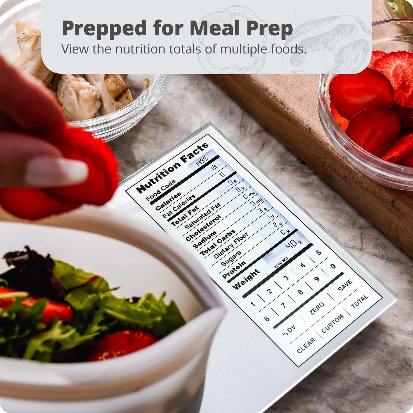 Greater Goods Nutrition Scale (Non‑Connected) – Food Grade Glass, 2,000 Food Codes Preloaded, Compact (9.33"x6.02"x0.91") for Portion Control & Meal Prep