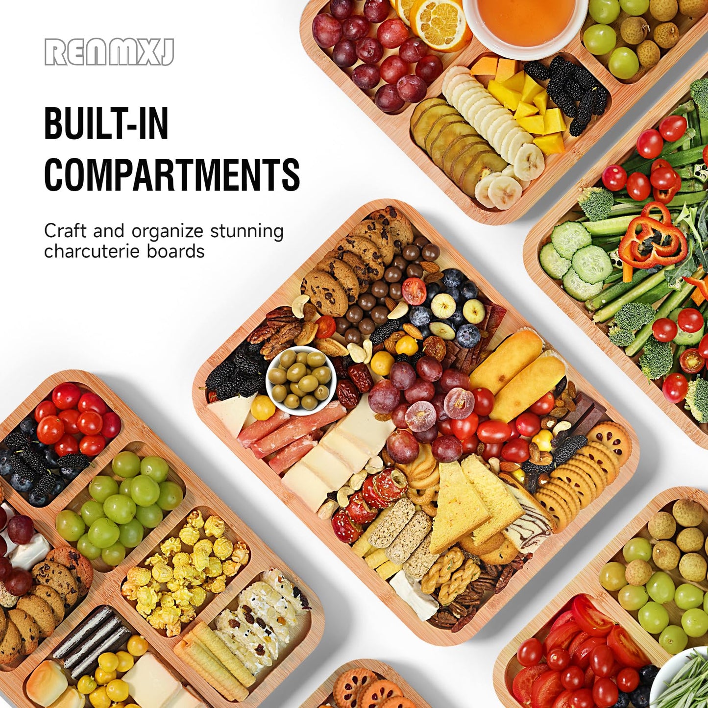 Renmxj Charcuterie Board with Clear Lid, Travel Portable Cheese Board Charcuterie Boxes Cutting Boards for Kitchen, House Warming Gifts New Home, Gifts for Women (6 Compartments Black)