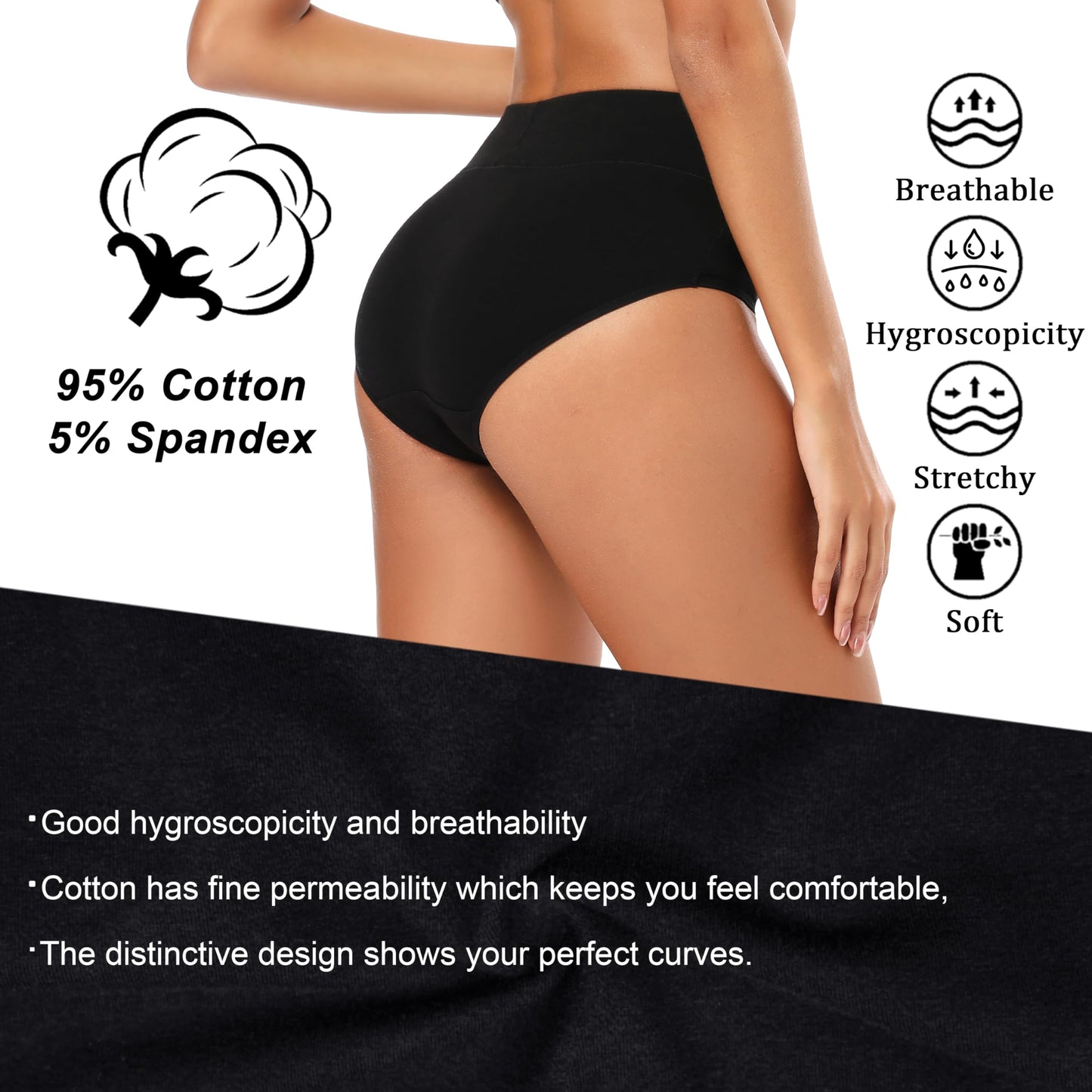 Molasus Women's Soft Cotton Underwear Briefs High Waisted Postpartum Panties Ladies Full Coverage Plus Size Underpants Black, Large