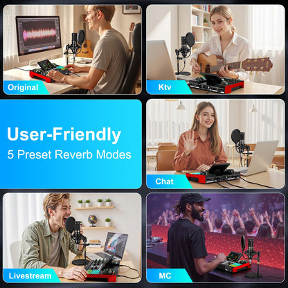 Podcast Microphone Bundle with Live Sound Card Audio Mixer, Podcast Equipment Bundle with 3.5mm Condenser Microphone for Pc/Phone Live Streaming Singing Gaming, Sound Board with Voice Changer, Denoise