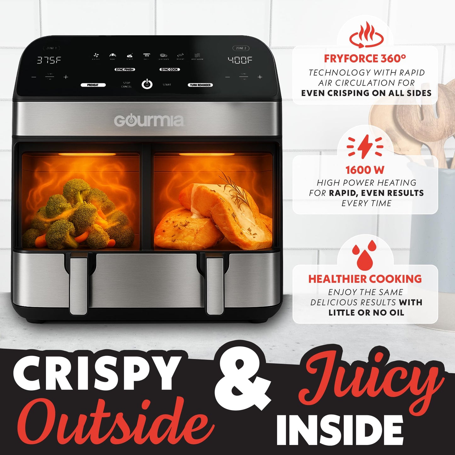 Gourmia Dual Basket Digital Air Fryer – 10 QT, FryForce 360° Technology, 7 Presets, Match Cook & Smart Finish, PTOA-Free Baskets & Crisper Trays, 1600W, Black