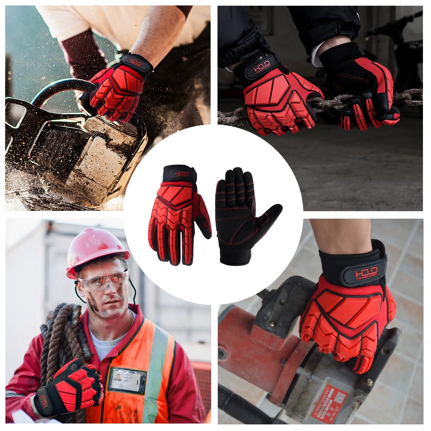 AIGEVTURE Anti Vibration Work Gloves Men,TPR Impact Protection Gloves,SBR Fingers & Palm Padded Safety Impact Reducing Mechanic Gloves (Large, Red)