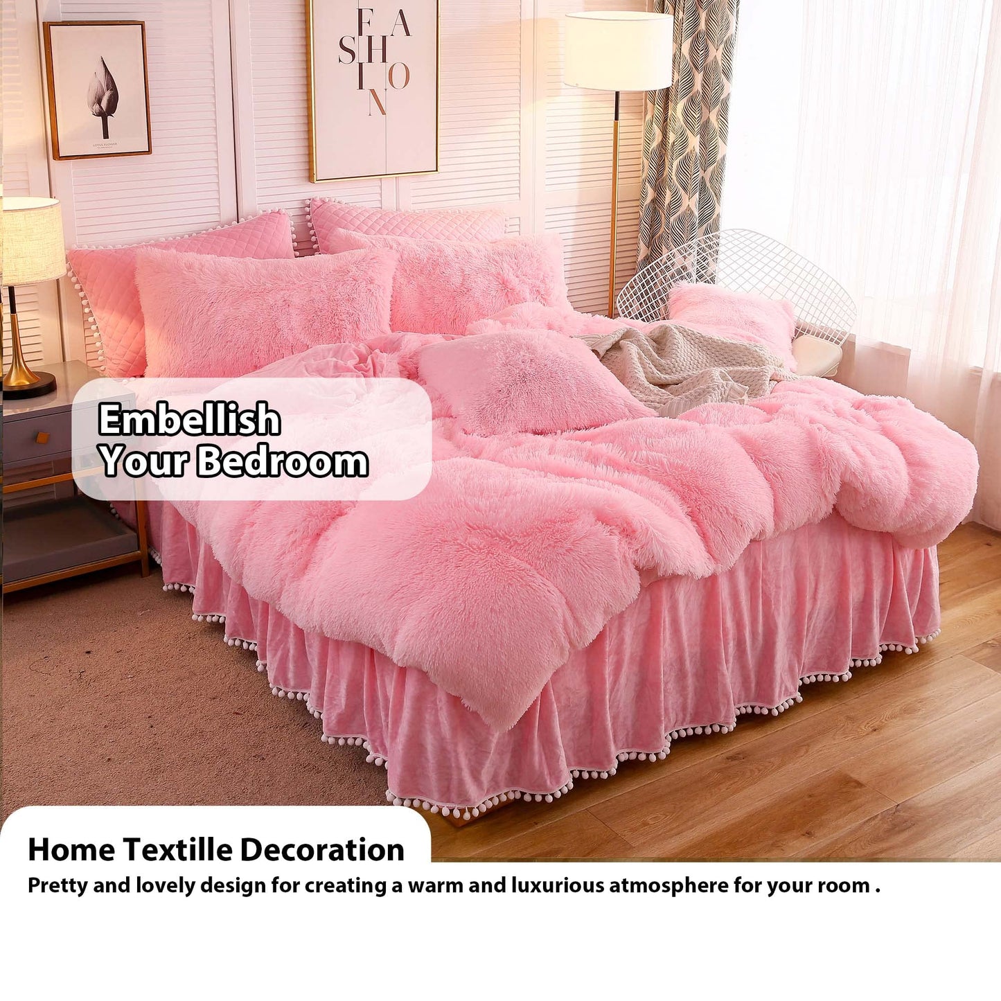 LIFEREVO Luxury Pom Poms Velvet Bed Skirt, Velvet Wrap Around Bed Skirt, Diamond Quilted Fitted Bed Sheet with Bedskirt, 18 Inch Drop Dust Ruffle Decorative Bedspread Pompoms Fringe(Full/Queen, Pink)