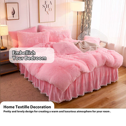 LIFEREVO Luxury Pom Poms Velvet Bed Skirt, Velvet Wrap Around Bed Skirt, Diamond Quilted Fitted Bed Sheet with Bedskirt, 18 Inch Drop Dust Ruffle Decorative Bedspread Pompoms Fringe(Full/Queen, Pink)