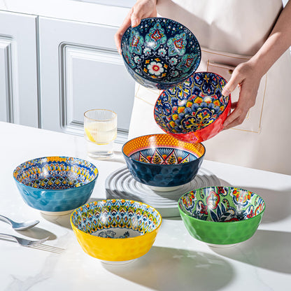 HENXFEN LEAD Ceramic Cereal, Soup Bowls Set of 6-25 Oz Porcelain Serving Bowls for Dinner, Pasta, Salad, Oatmeal, Microwave & Dishware Safe - Bohemian Style