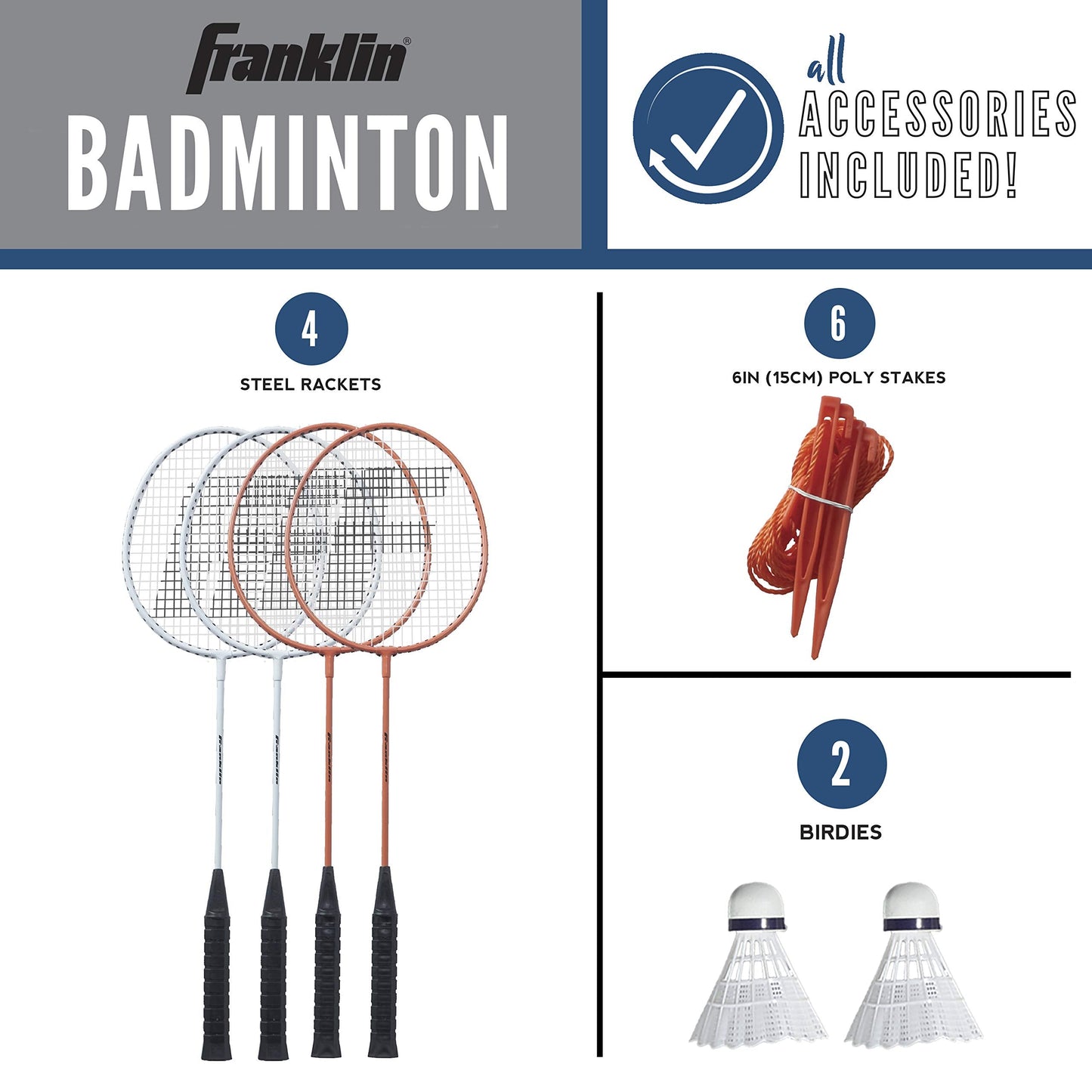 Franklin Sports Badminton Set - Backyard Badminton Net Set - Rackets and Birdies included - Backyard or Beach Badminton Set - Starter Set, One Size
