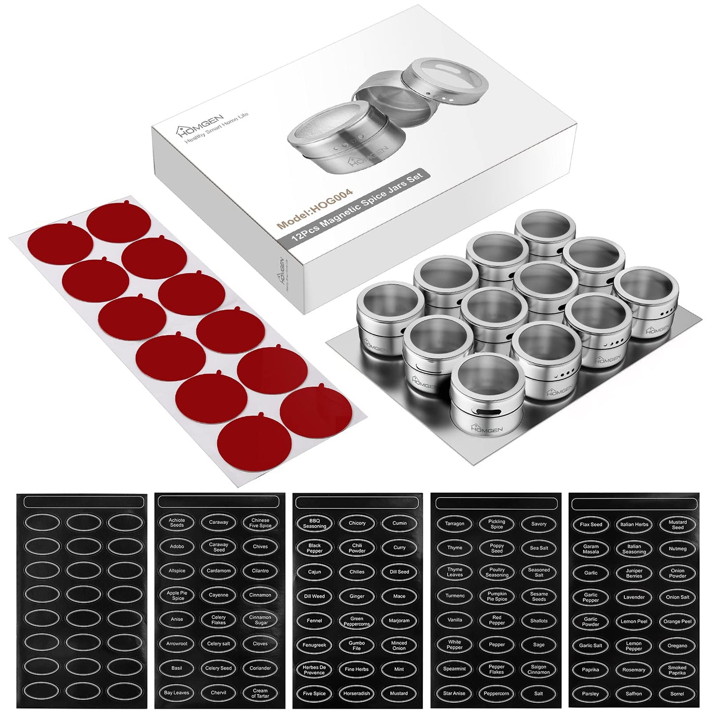 HOMGEN Magnetic Spice Jars 12-Pack - 3.4oz Stainless Steel Spice Containers with Magnet Strong Hold- Includes Labels & Chassis for Fridge/BBQ/Camping, Space-Saving Kitchen Organizer for Pantry & RVs
