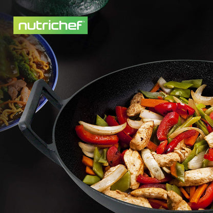 NutriChef Cast Iron Wok with Wooden Lid - Pre-Seasoned Chinese Wok for Stir-Fry, Compatible with Multiple Cooktops Including Induction, Large 5.8 Qt Capacity, 12" Diameter