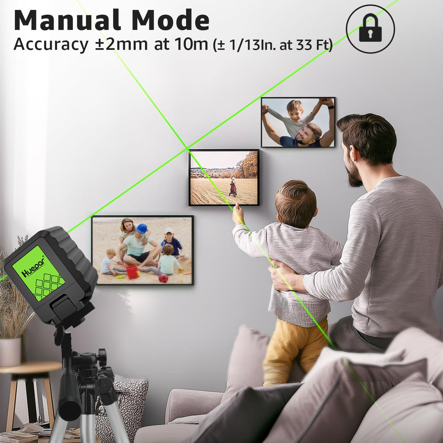 Laser Level with Tripod, Huepar 100Ft Self Leveling Green Cross Line DIY Laser Leveler Tool for Picture Hanging Floor Tile Wall Home Renovation, Gift for Him Father Husband Boyfriend (25.6in Tripod)