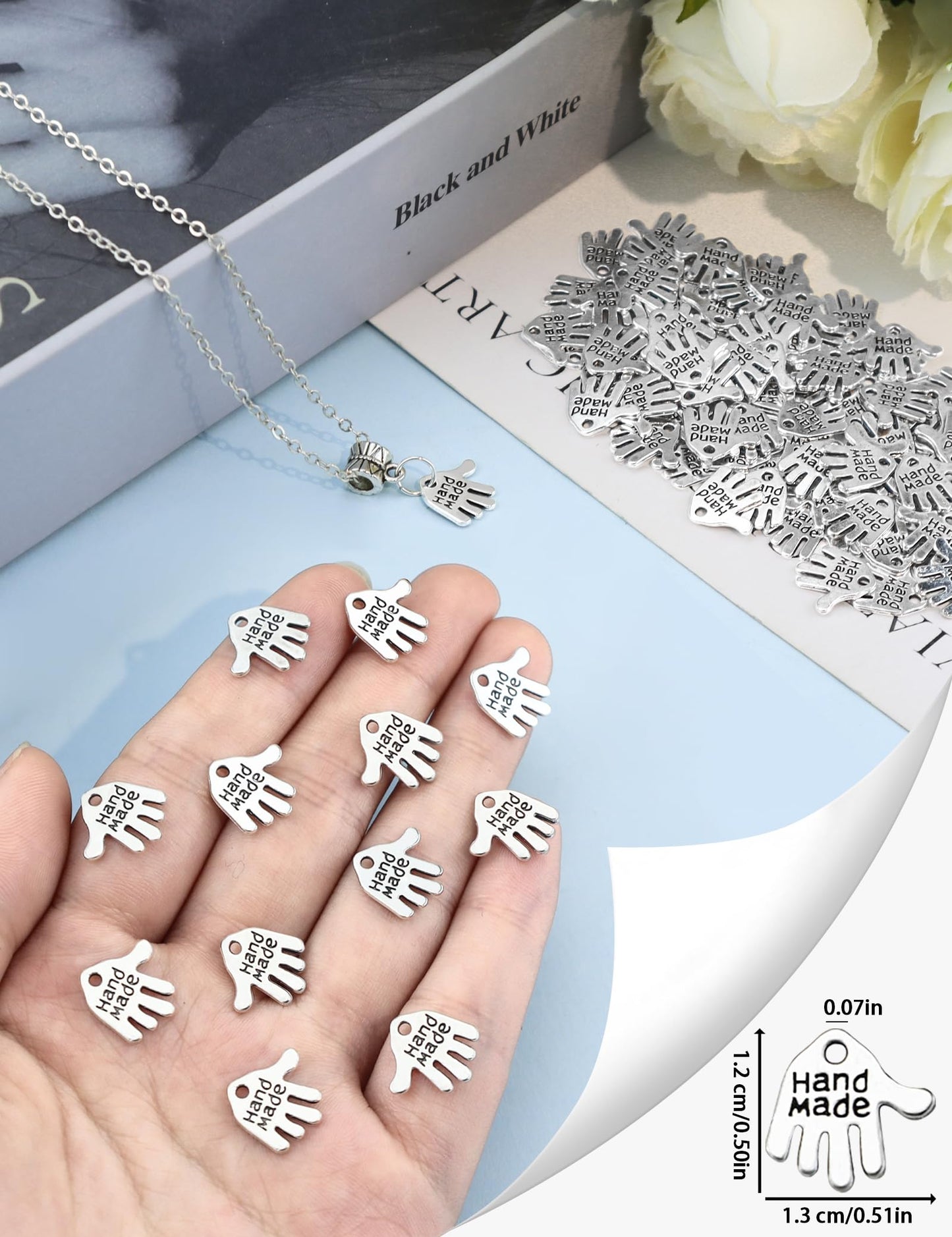 JIALEEY 100PCS Hand Shaped Charms Hand Made Tag Signs Charms Carved Silver Tone for Fashionable Jewelry Making Charms Findings Crafting Sewing