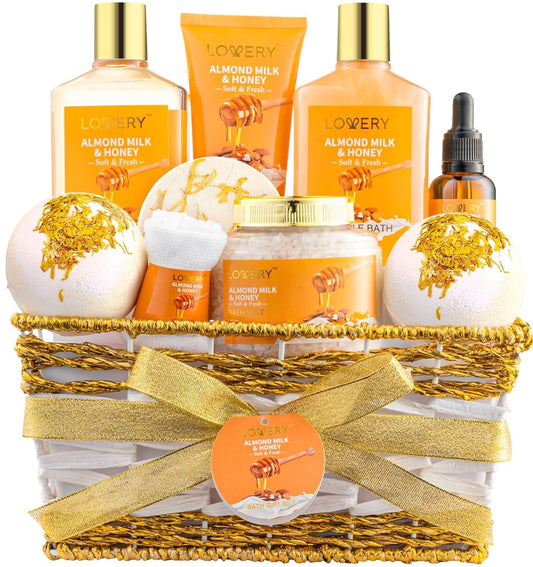 Gifts for Women Gift Basket for Women - 10 Pc Almond Milk & Honey Beauty & Personal Care Set - Home Bath Pampering Package for Relaxing - Spa Self Care Kit - Thank You, Birthday, Mom, Anniversary Gift