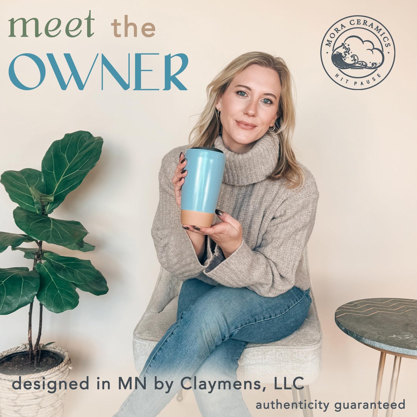 Mora Double Wall Ceramic Coffee Travel Mug with Lid, 14 oz, Portable, Microwave, Dishwasher Safe, Insulated Reusable Tall Cup, Splash Resistant Lid - To Go Tumbler for Car Cup Holder, Dusty Blue